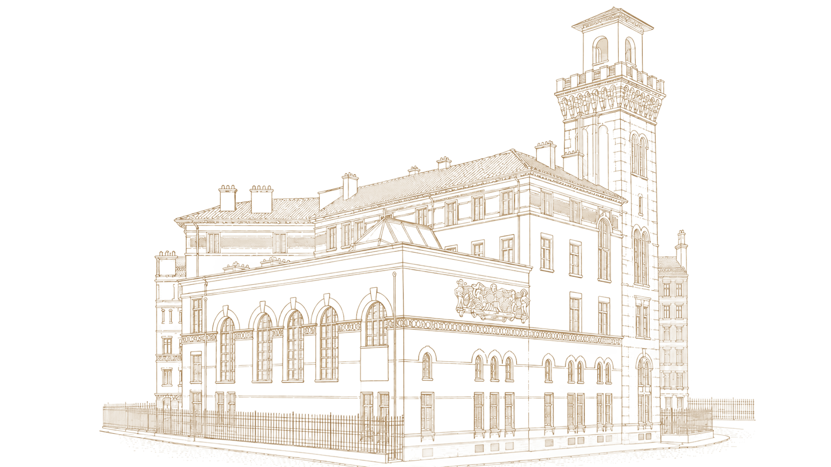 Dessin au trait de la Maison de l'Océan, vue de l'angle de la rue Saint-Jacques, avec sa tour