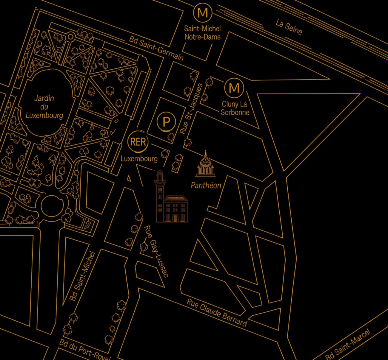 Plan illustré du Quartier latin, à Paris : la Maison de l’Océan est entourée d’un cadre, rue Saint-Jacques à l’angle de la rue Gay-Lussac, juste à l’ouest du Panthéon. Le jardin du Luxembourg borde le plan à l’ouest et la Seine au nord. Y figurent aussi les stations Saint-Michel–Notre-Dame et Cluny–La Sorbonne, la gare du RER Luxembourg et le parking Soufflot-Panthéon.