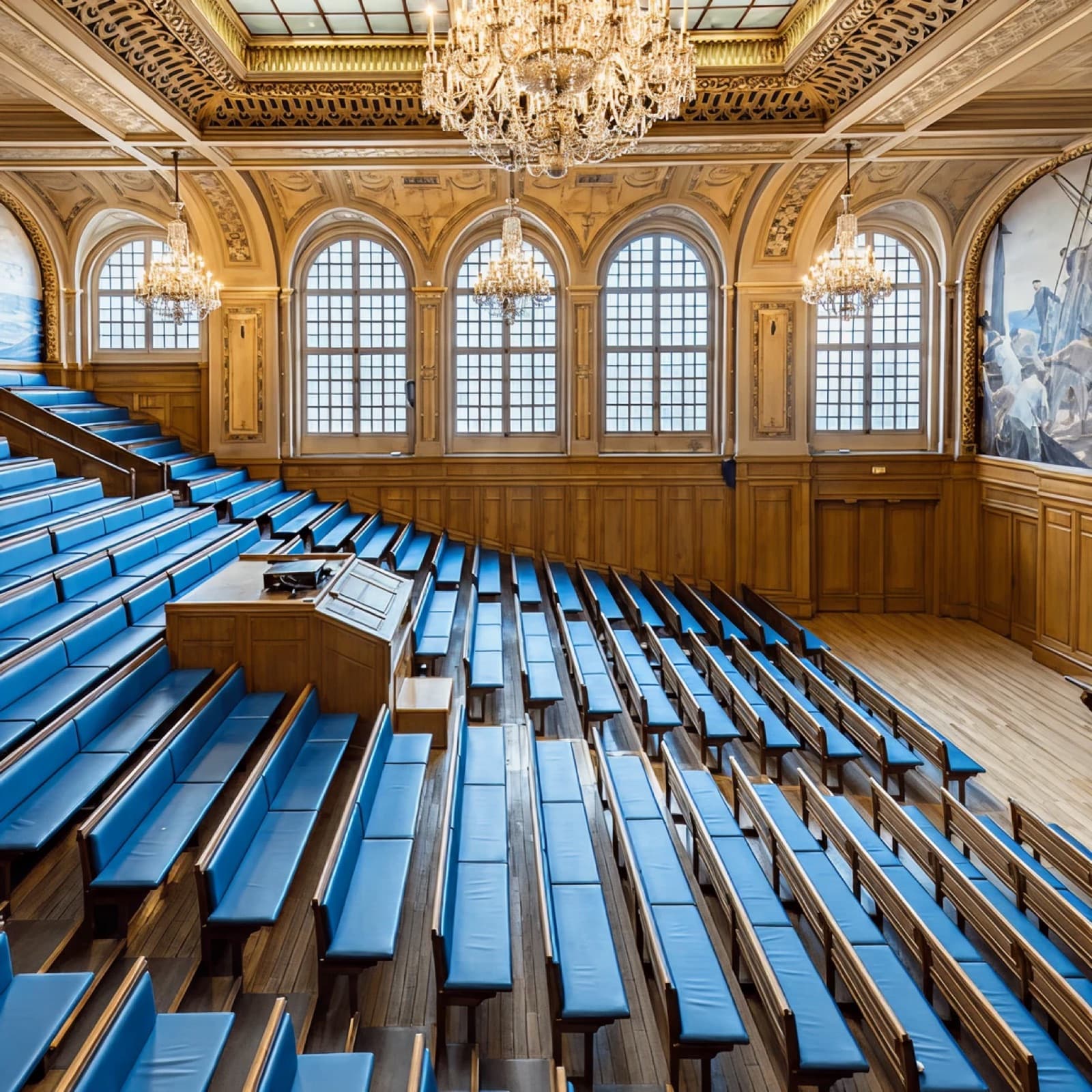 Le grand amphithéâtre de la Maison de l’Océan, ses gradins de bois et ses banquettes bleues sous les lustres de cristal.