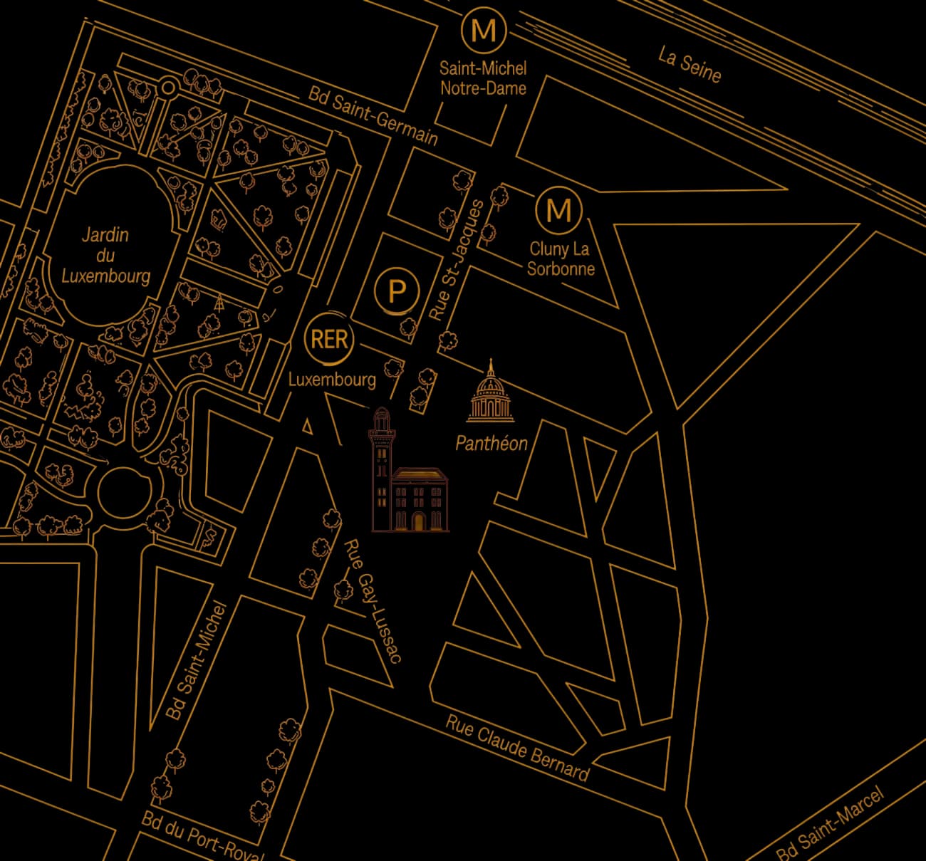 Plan illustré du Quartier latin, à Paris : la Maison de l’Océan est entourée d’un cadre, rue Saint-Jacques à l’angle de la rue Gay-Lussac, juste à l’ouest du Panthéon. Le jardin du Luxembourg borde le plan à l’ouest et la Seine au nord. Y figurent aussi les stations Saint-Michel–Notre-Dame et Cluny–La Sorbonne, la gare du RER Luxembourg et le parking Soufflot-Panthéon.