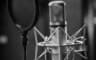 Un microphone de studio sur suspension élastique, devant son filtre anti-pop, photographié en noir et blanc.