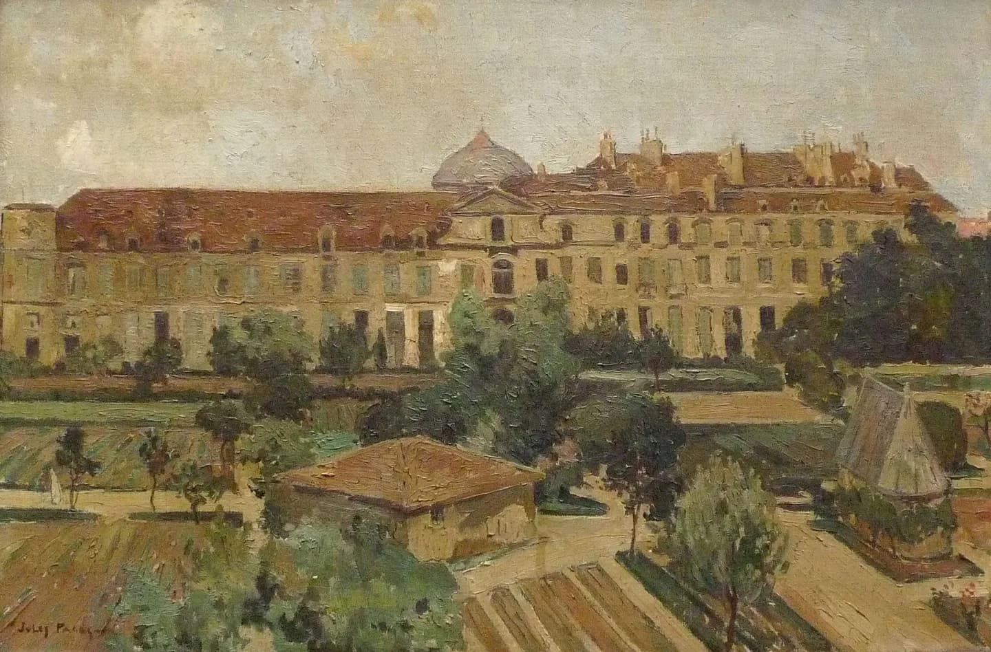Peinture ancienne du couvent des Dames de Saint-Michel et de ses jardins, rue Saint-Jacques à Paris.