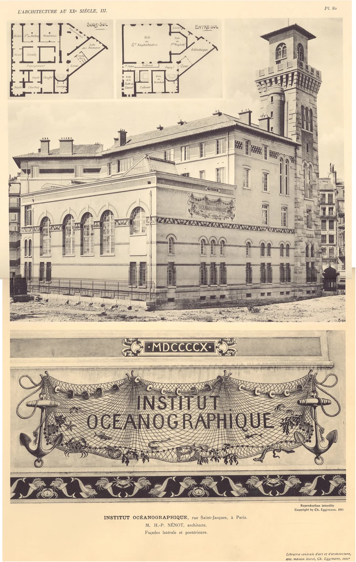 Planche d’architecture d’Henri-Paul Nénot : plans du sous-sol et de l’entresol, et perspective de l’Institut océanographique.
