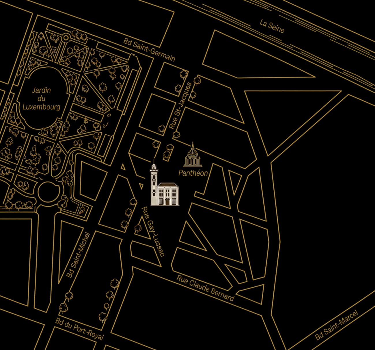Plan du Quartier latin dessiné au trait : le Jardin du Luxembourg, la Seine, le Panthéon, et la Maison de l’Océan au croisement des rues Saint-Jacques et Gay-Lussac.