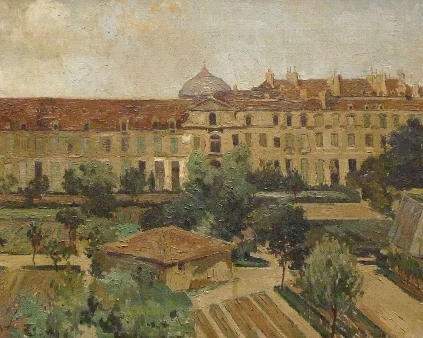 Peinture ancienne du couvent des Dames de Saint-Michel et de ses jardins, rue Saint-Jacques à Paris.