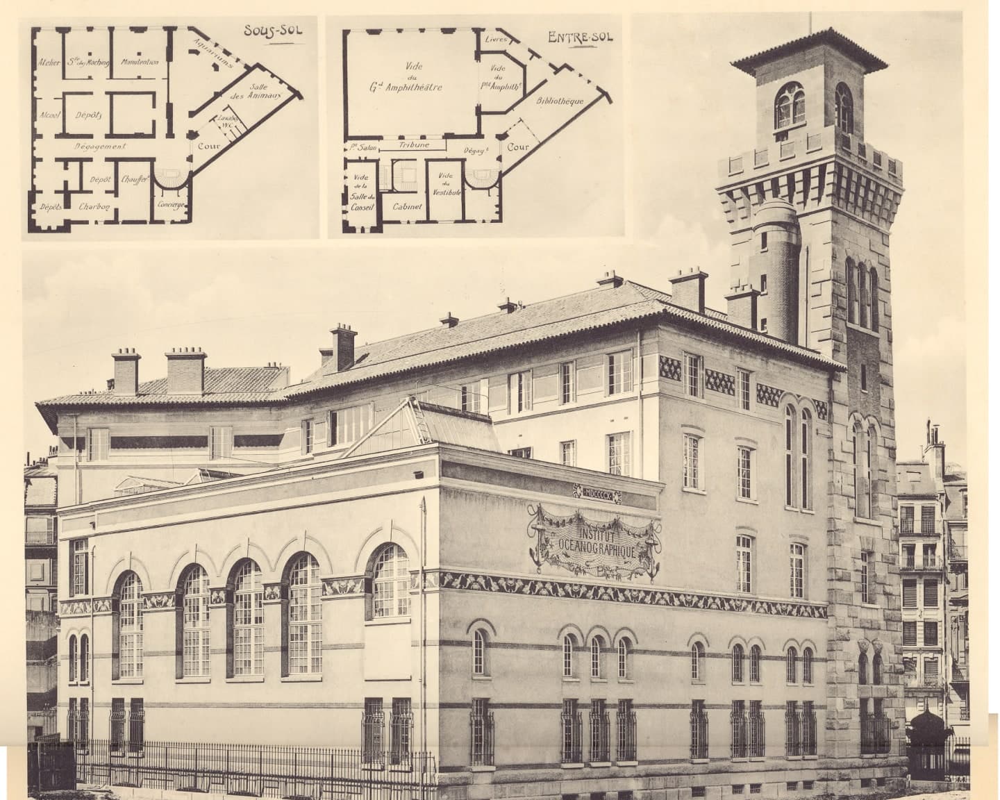 Planche d’architecture d’Henri-Paul Nénot : plans du sous-sol et de l’entresol, et perspective de l’Institut océanographique.
